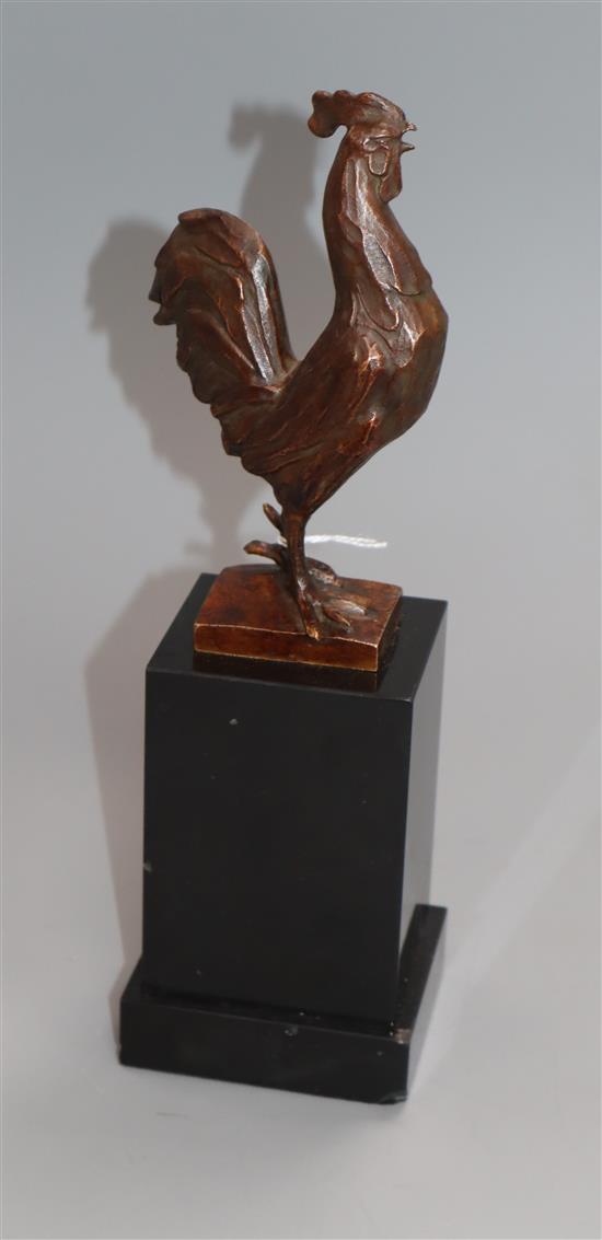 An Art Deco bronze cockerel on black marble stand, attributed to Edouard Fraisse height 27cm